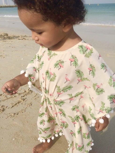 The Little Kaftan - Nude Pink Flamingo w/ White Pom Poms
