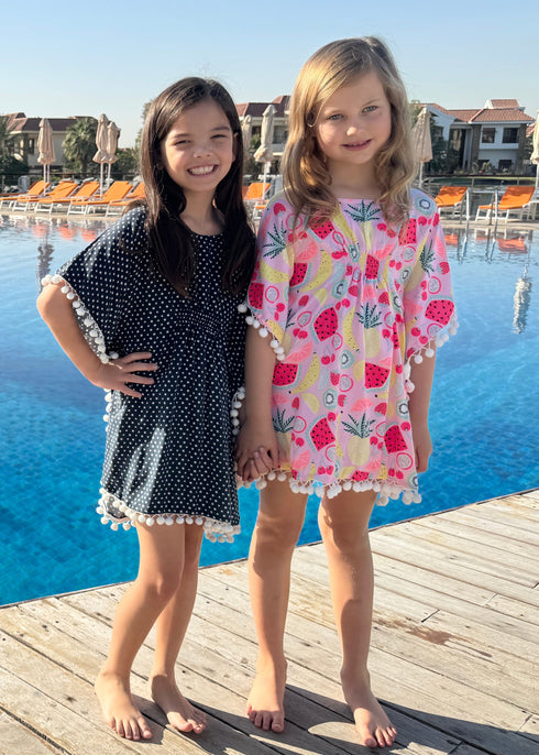 The Little Kaftan - Navy White Stars w/ White Pom Poms