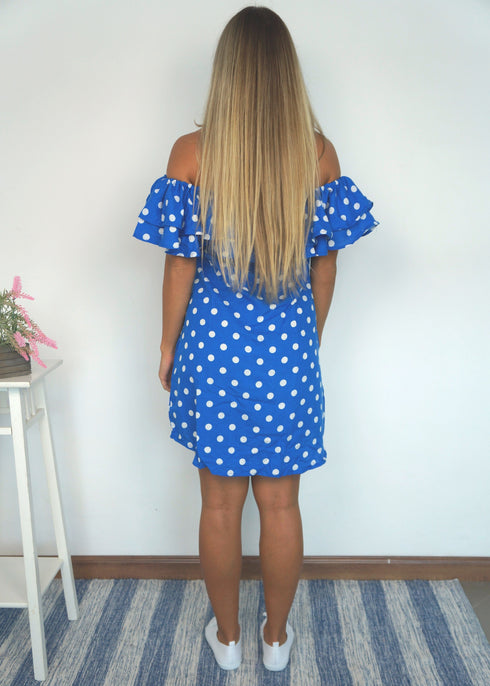 BARDOT DRESS The Belted Bardot Dress - Royal Blue Polka dubai outfit dress brunch fashion mums