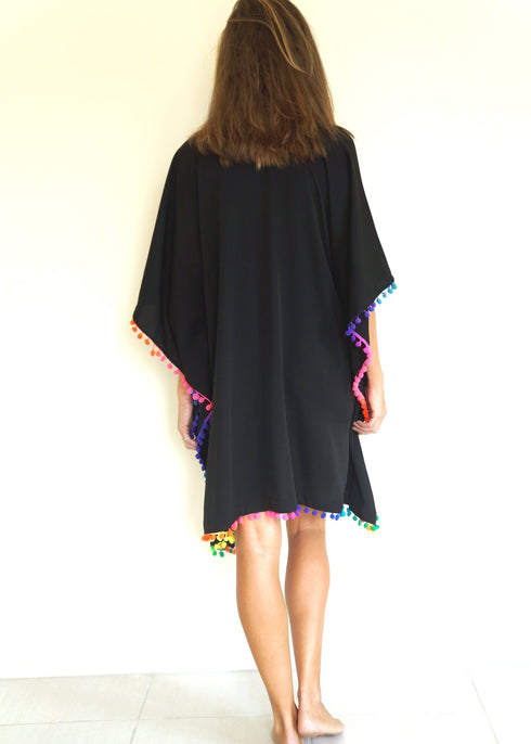 Beach Kaftan O/S The Beach Kaftan - Black w/ Neon Rainbow Pom Poms dubai outfit dress brunch fashion mums