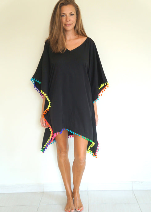 Beach Kaftan O/S The Beach Kaftan - Black w/ Neon Rainbow Pom Poms dubai outfit dress brunch fashion mums