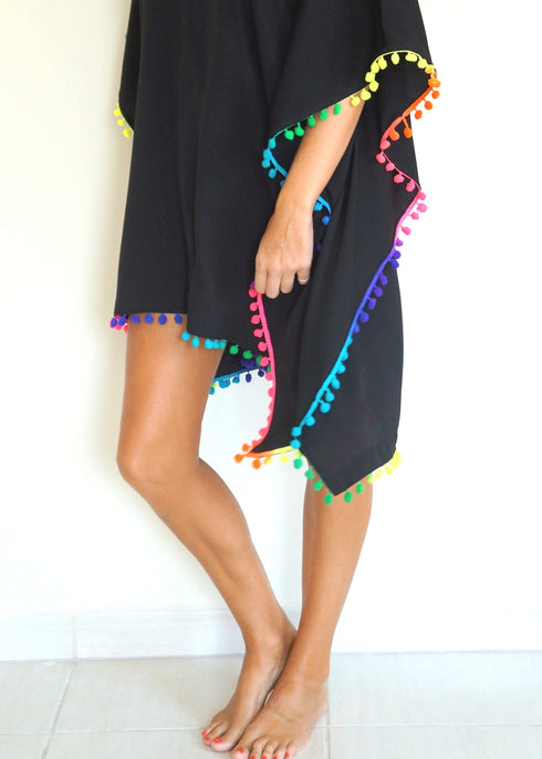 Beach Kaftan O/S The Beach Kaftan - Black w/ Neon Rainbow Pom Poms dubai outfit dress brunch fashion mums