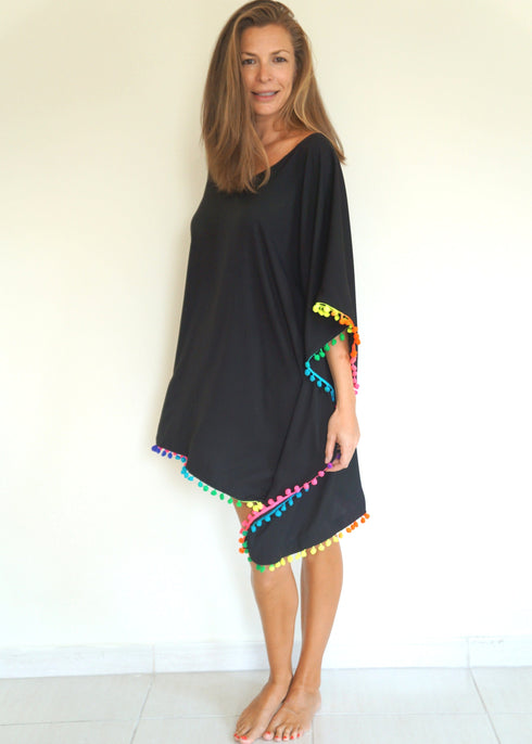 Beach Kaftan O/S The Beach Kaftan - Black w/ Neon Rainbow Pom Poms dubai outfit dress brunch fashion mums