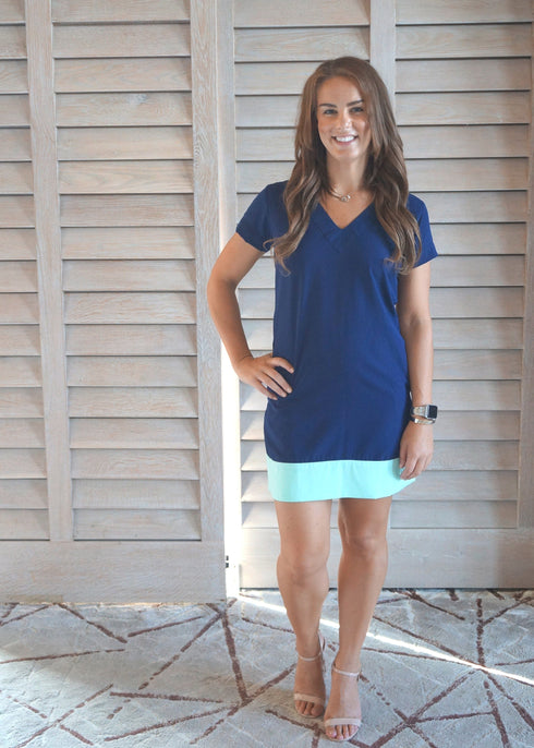 Dress The V Mini Anywhere Dress - Perfect Navy with Aqua Colour Block dubai outfit dress brunch fashion mums