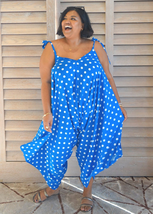 Jumpsuit O/S The Harem Jumpsuit - Royal Blue Polka dubai outfit dress brunch fashion mums